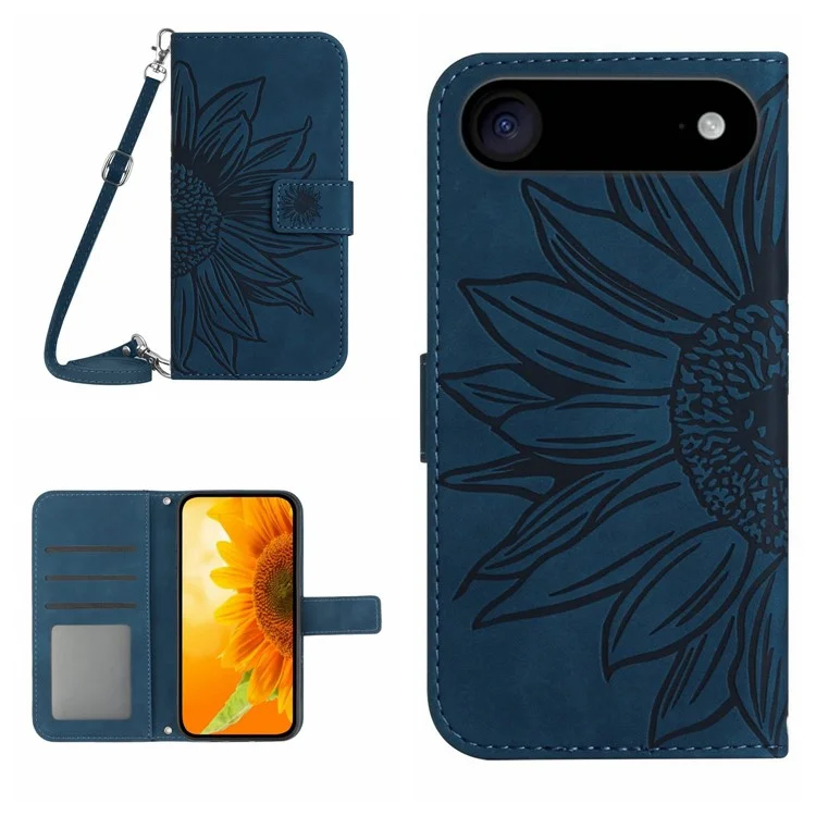 For iPhone 17 Air Case Sunflower Imprint PU Leather Phone Cover with Long Strap - Dark Blue