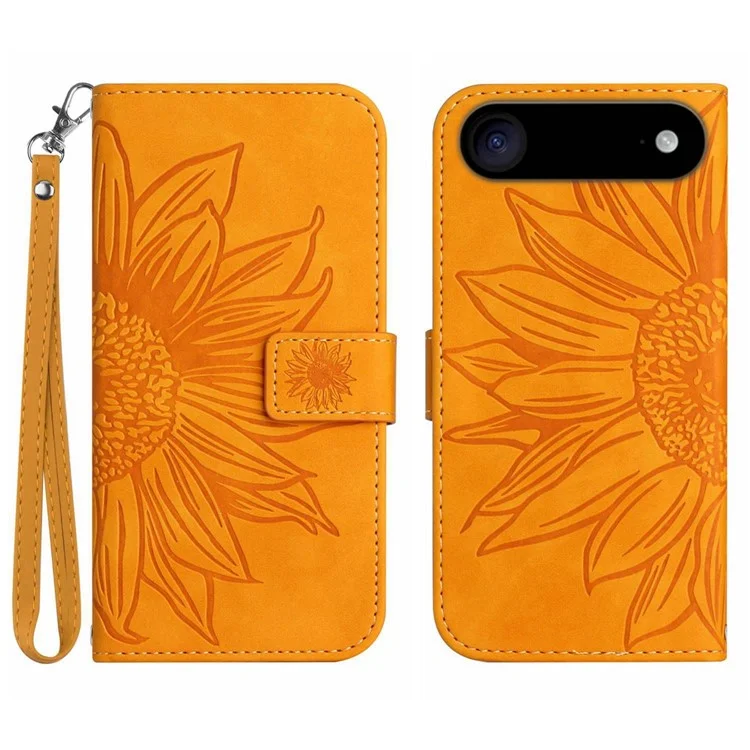 For iPhone 17 Air Case Sunflower Imprint Leather Wallet Phone Cover with Wrist Strap - Yellow
