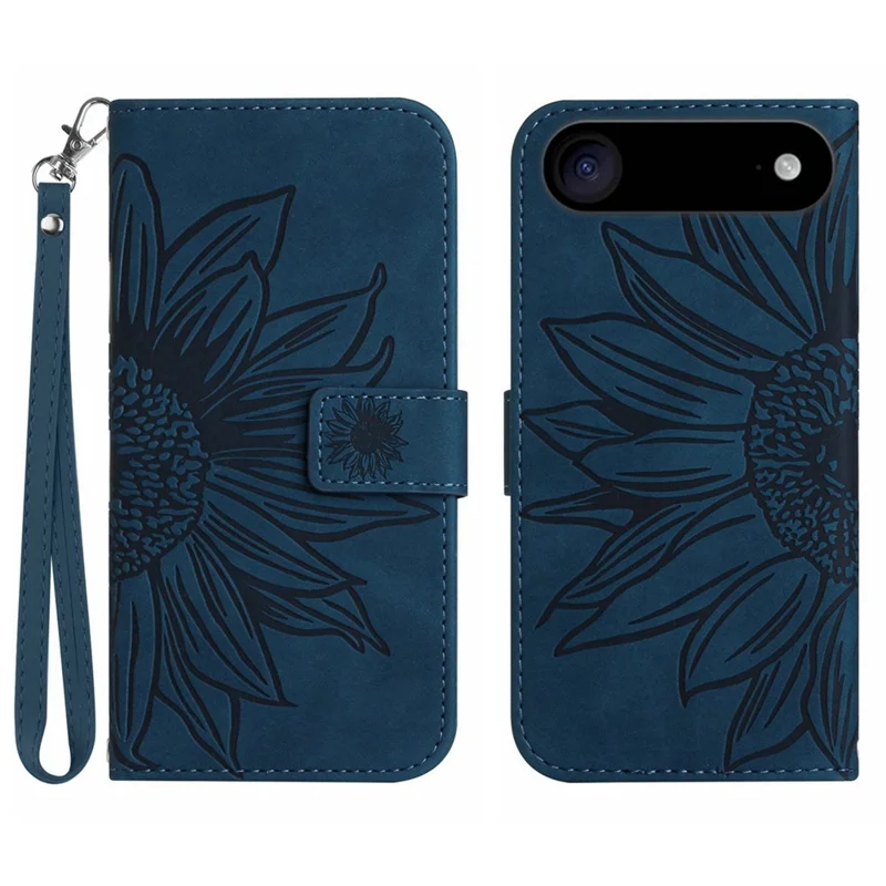 For iPhone Air Case Sunflower Imprint Leather Wallet Phone Cover with Wrist Strap - Dark Blue