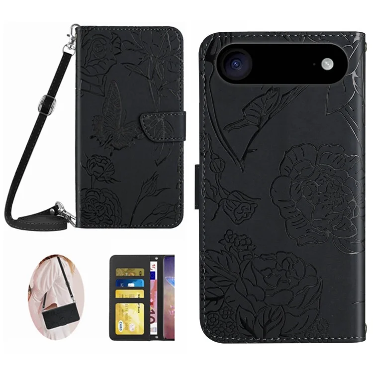 For iPhone 17 Air Case Butterfly Flower Imprint Leather Phone Cover with Shoulder Strap - Black