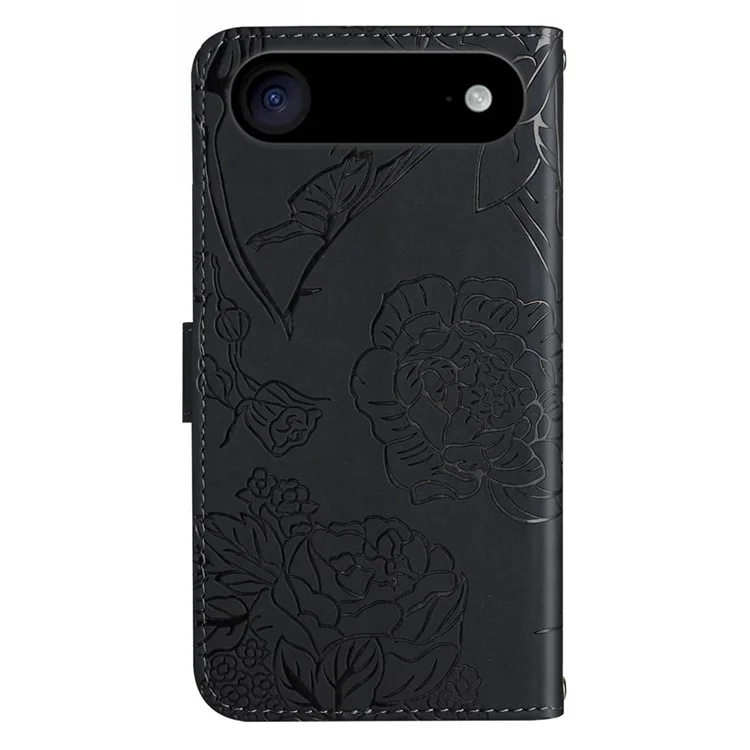 For iPhone 17 Air Case Butterfly Flower Imprint Leather Phone Cover with Shoulder Strap - Black