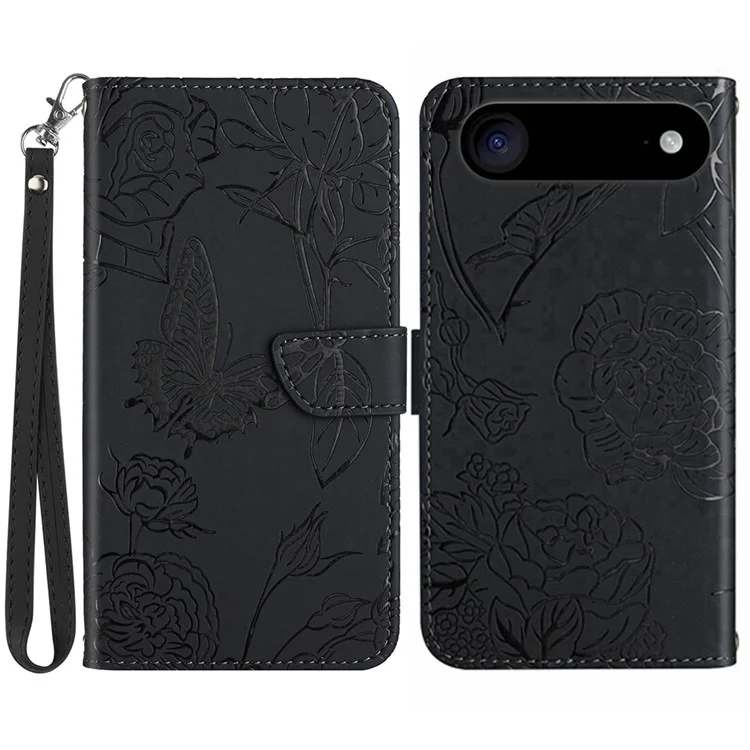 For iPhone 17 Air Case Butterfly Flower Imprinted Leather Phone Cover with Strap - Black