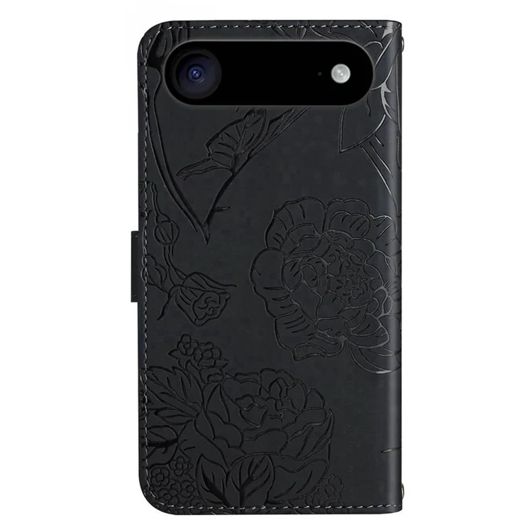 For iPhone 17 Air Case Butterfly Flower Imprinted Leather Phone Cover with Strap - Black