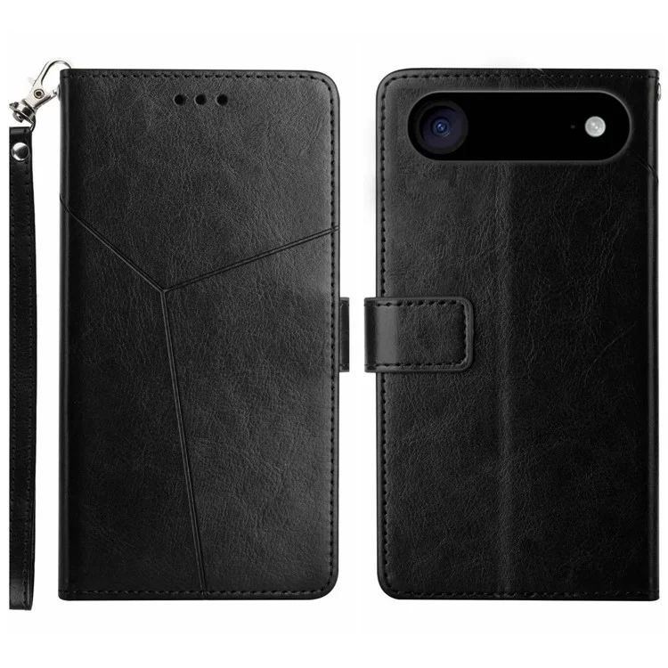 For iPhone 17 Air Case with Wrist Strap Y Shaped Lines Imprint Leather Phone Cover - Black