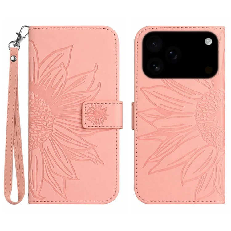 For iPhone 17 Pro Max Case Sunflower Imprint Leather Wallet Phone Cover with Wrist Strap - Light Pink