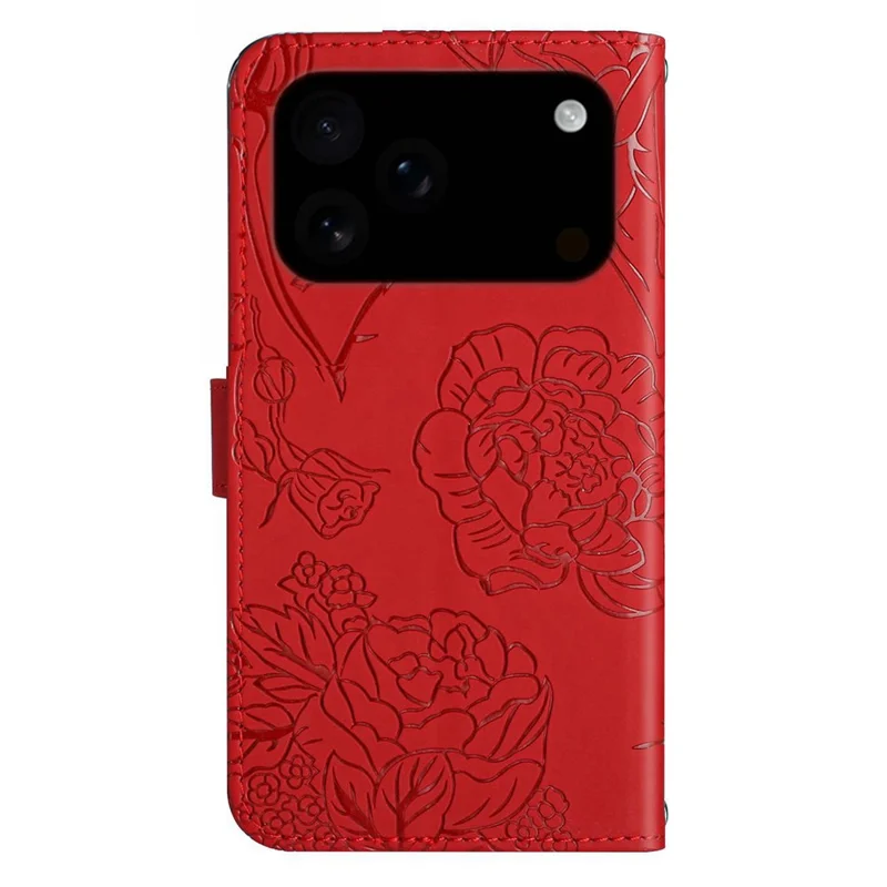For iPhone 18 Pro Max / 17 Pro Max Case Butterfly Flower Imprint Leather Phone Cover with Shoulder Strap - Red