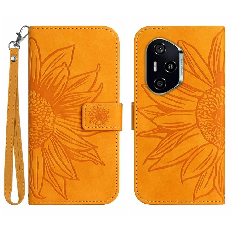 For Honor 400 Pro 5G (Global) Case Sunflower Imprint Leather Wallet Phone Cover with Wrist Strap - Yellow