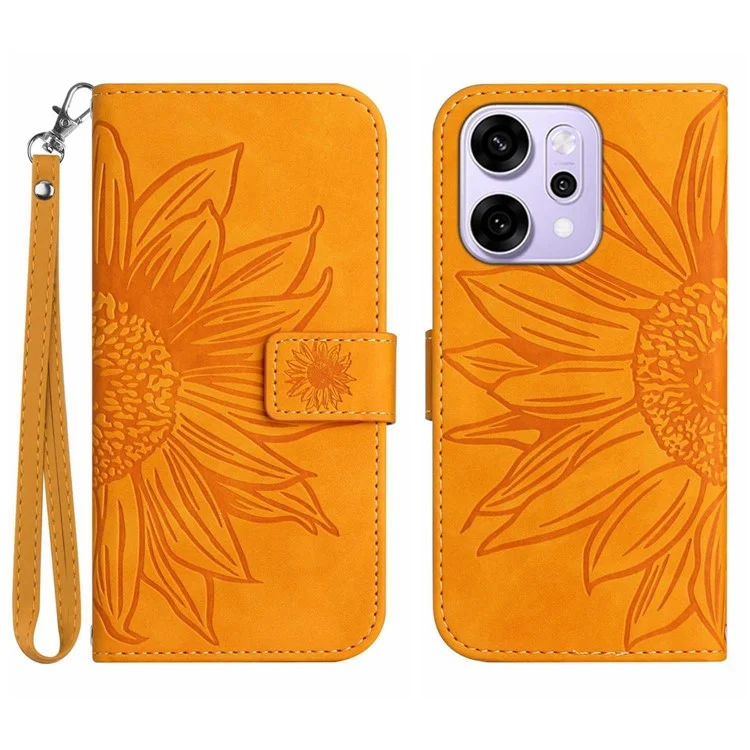 For Oppo Reno14 5G Case Sunflower Imprint Leather Wallet Phone Cover with Wrist Strap - Yellow