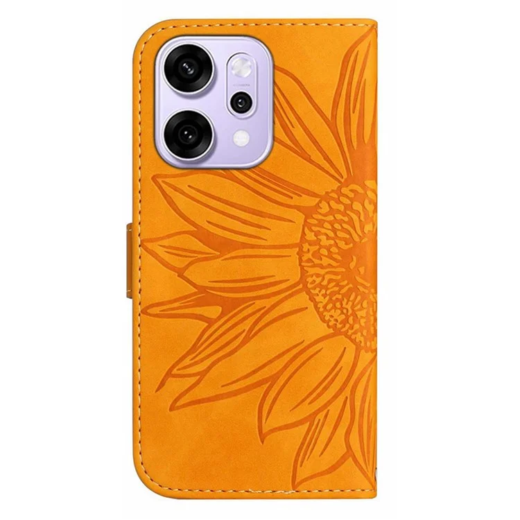 For Oppo Reno14 Pro 5G Case Sunflower Imprint Leather Wallet Phone Cover with Wrist Strap - Yellow