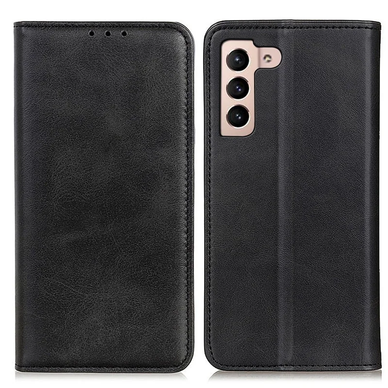 Étui avec support téléphonique magnétique pour Samsung Galaxy S23, texture cuir de vache, fermeture automatique, cuir split antidéflagration avec portefeuille - Noir
