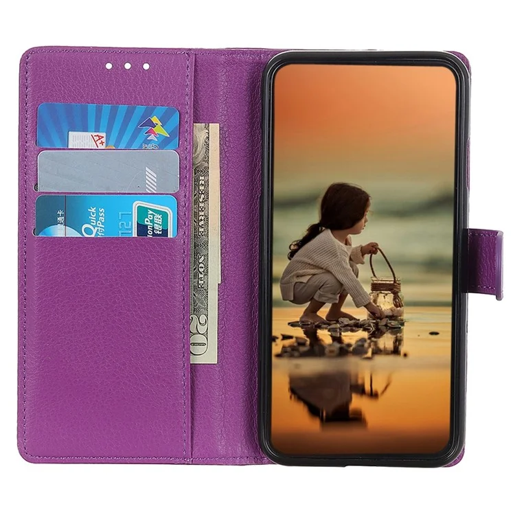 Case de Teléfono de Cuero PU Para Samsung Galaxy S23 5G, Litchi Texture Flip Willet Cover Con Soporte Plegable - Violeta