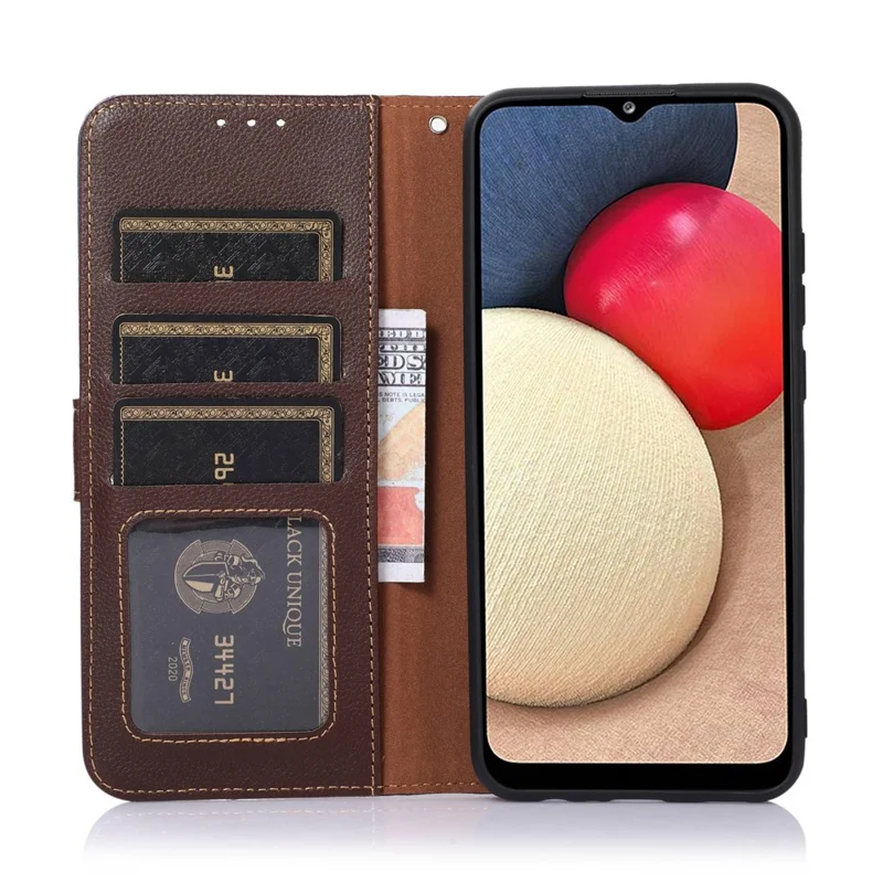 KHAZNEH For Samsung Galaxy A14 5G / A14 4G Litchi Texture PU Leather Shockproof Case RFID Blocking Cellphone Stand Wallet Cover - Brown