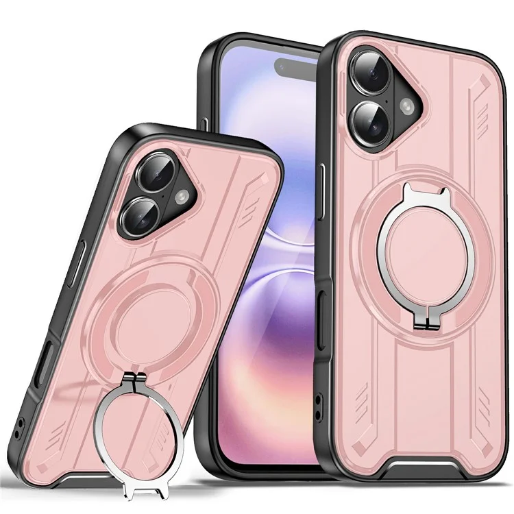 For iPhone 17 Case Compatible with MagSafe Rotating Ring Kickstand PC + TPU Shockproof Phone Cover - Pink
