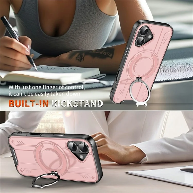 For iPhone 17 Case Compatible with MagSafe Rotating Ring Kickstand PC + TPU Shockproof Phone Cover - Pink