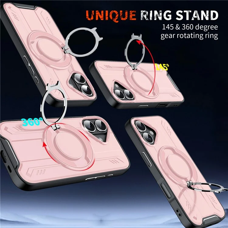 For iPhone 17 Case Compatible with MagSafe Rotating Ring Kickstand PC + TPU Shockproof Phone Cover - Pink
