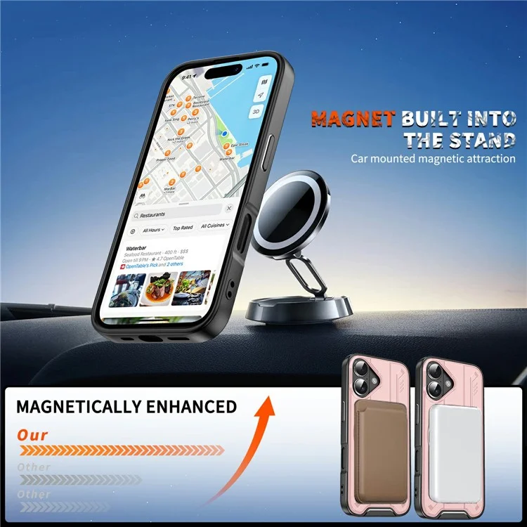 For iPhone 17 Case Compatible with MagSafe Rotating Ring Kickstand PC + TPU Shockproof Phone Cover - Pink