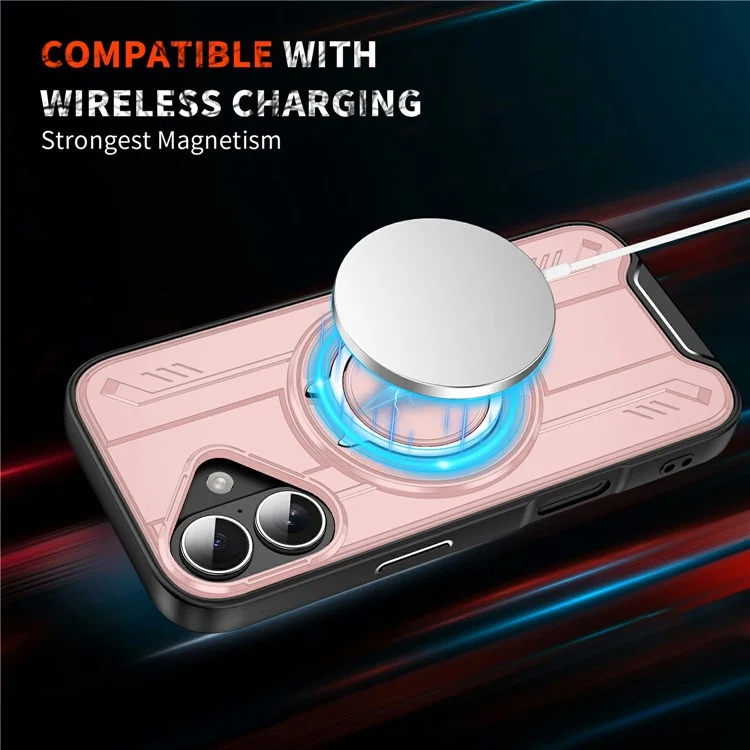 For iPhone 17 Case Compatible with MagSafe Rotating Ring Kickstand PC + TPU Shockproof Phone Cover - Pink