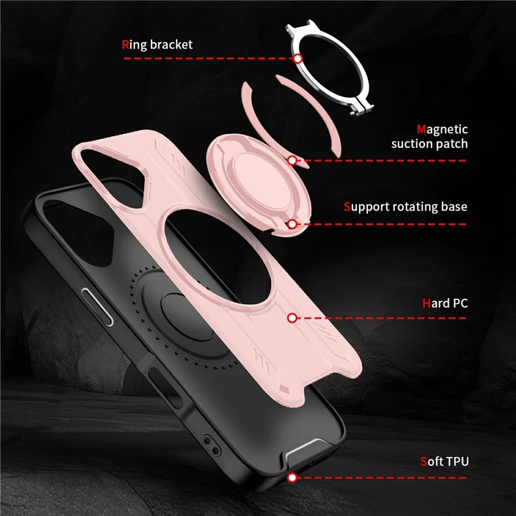 For iPhone 17 Case Compatible with MagSafe Rotating Ring Kickstand PC + TPU Shockproof Phone Cover - Pink