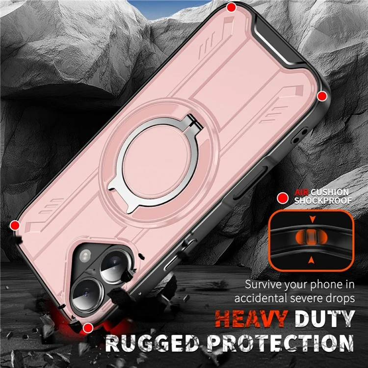 For iPhone 17 Case Compatible with MagSafe Rotating Ring Kickstand PC + TPU Shockproof Phone Cover - Pink