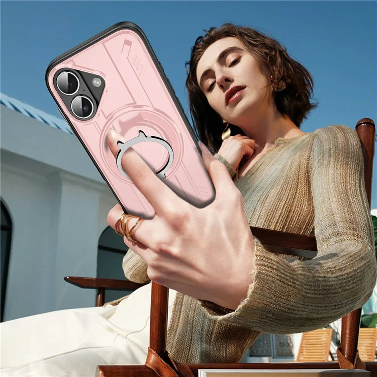 For iPhone 17 Case Compatible with MagSafe Rotating Ring Kickstand PC + TPU Shockproof Phone Cover - Pink