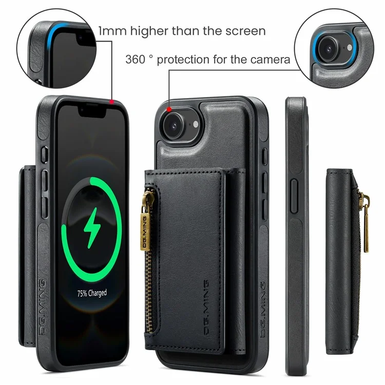 DG.MING M5 Series Чехол для iPhone 16e с магнитным креплением из кожи с отделениями для карт - Черный
