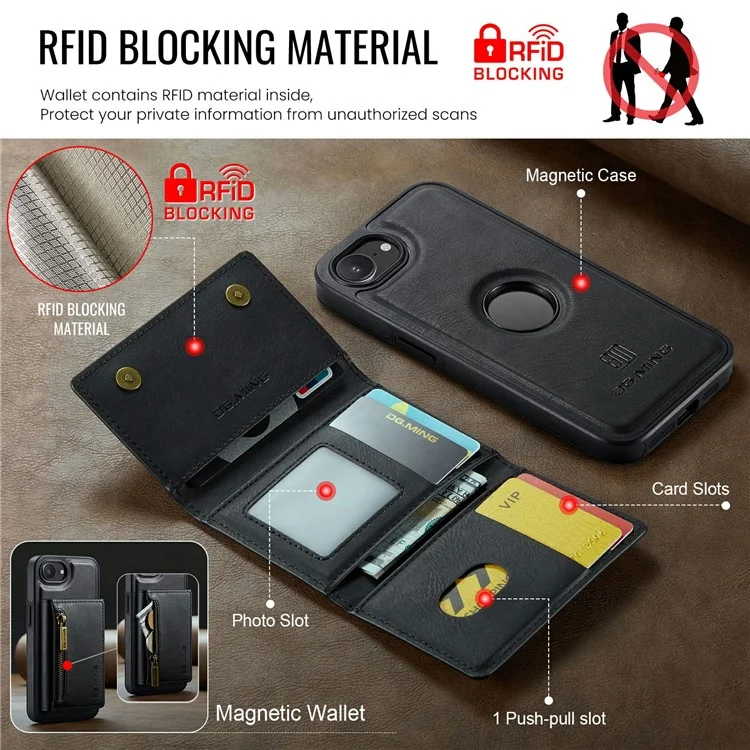 DG.MING M5 Series Чехол для iPhone 16e с магнитным креплением из кожи с отделениями для карт - Черный