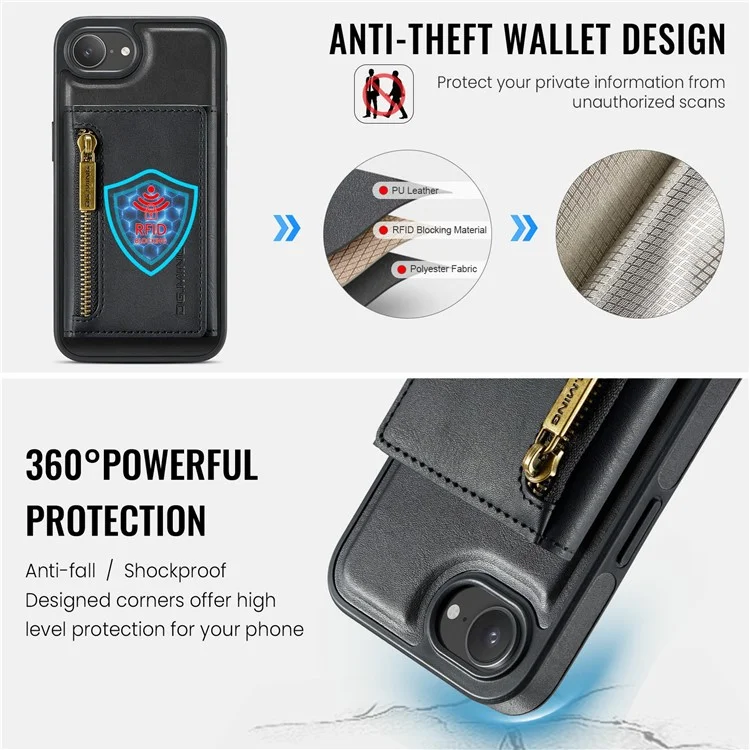 DG.MING M5 Series Чехол для iPhone 16e с магнитным креплением из кожи с отделениями для карт - Черный