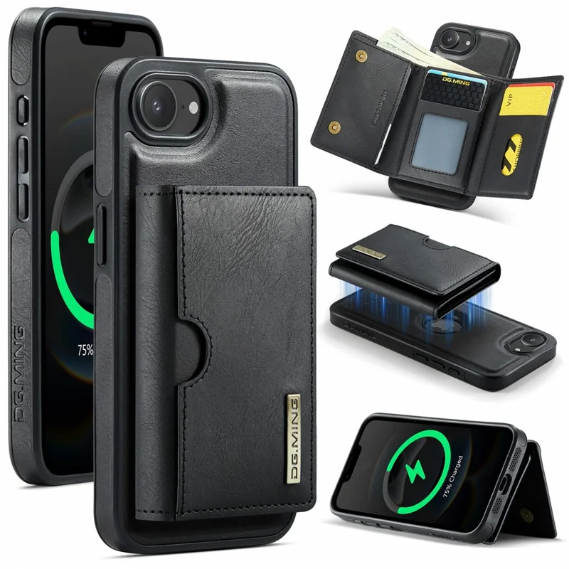DG.MING M6 Series For iPhone 16e Case Magnetic Wallet PU + PC + TPU Phone Cover - Black
