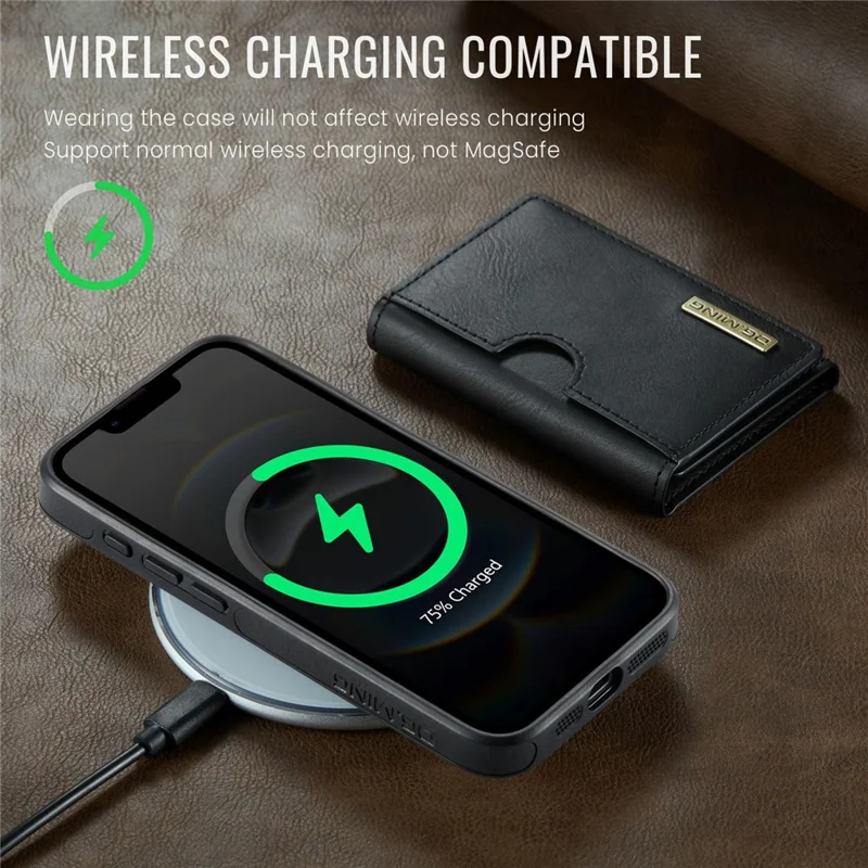 DG.MING M6 Series For iPhone 16e Case Magnetic Wallet PU + PC + TPU Phone Cover - Black