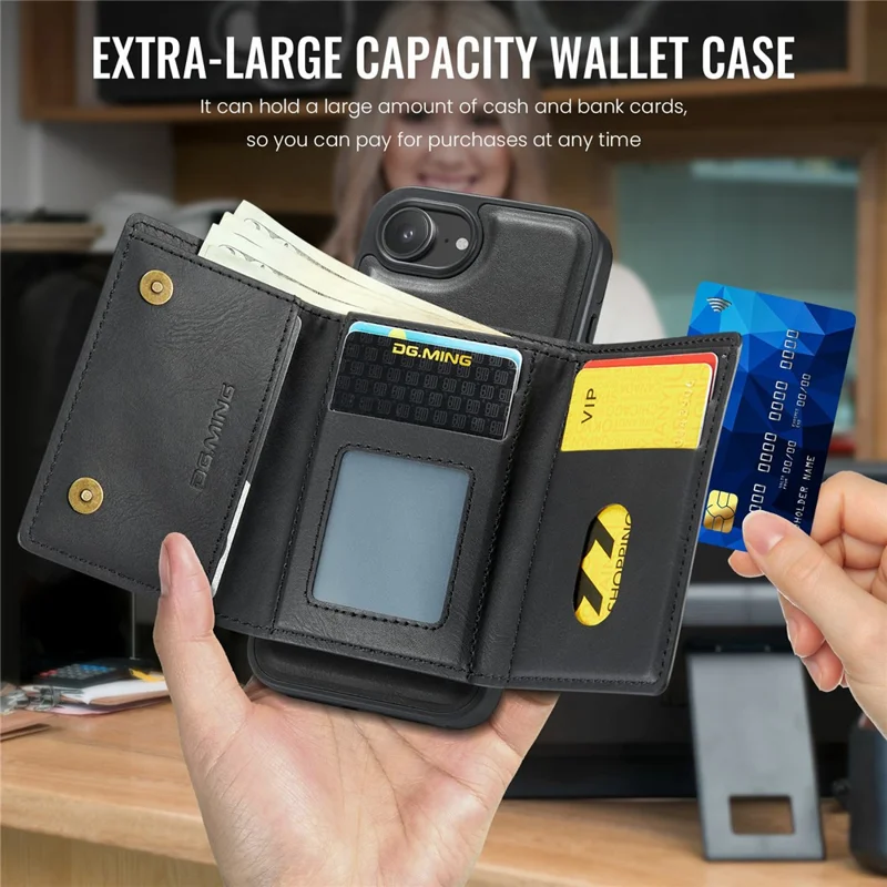 DG.MING M6 Series For iPhone 16e Case Magnetic Wallet PU + PC + TPU Phone Cover - Black
