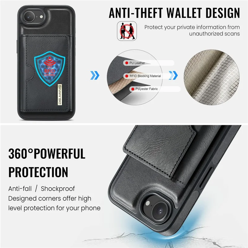 DG.MING M6 Series For iPhone 16e Case Magnetic Wallet PU + PC + TPU Phone Cover - Black