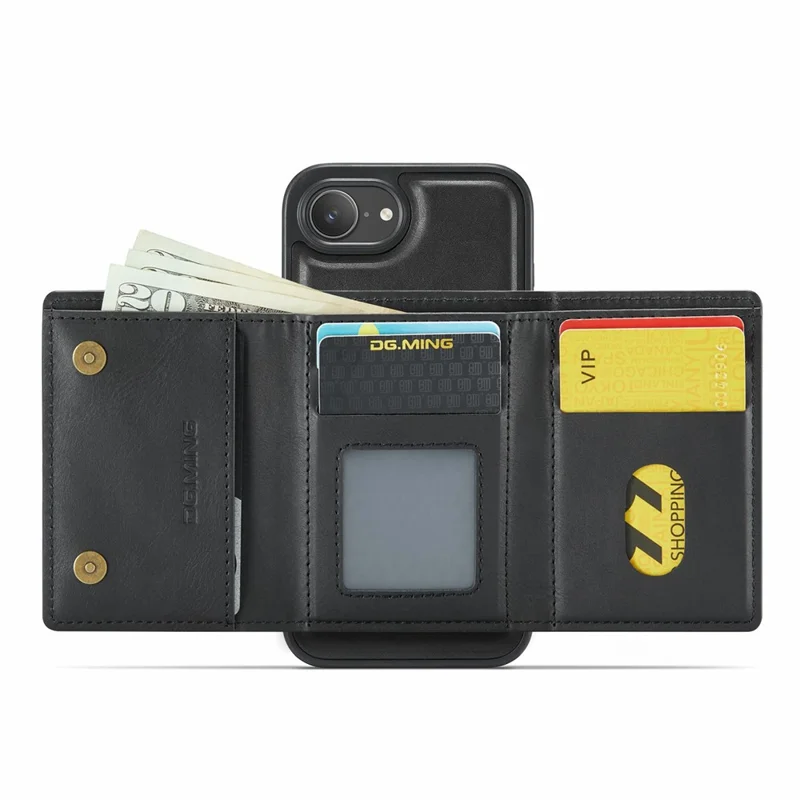 DG.MING M6 Series For iPhone 16e Case Magnetic Wallet PU + PC + TPU Phone Cover - Black