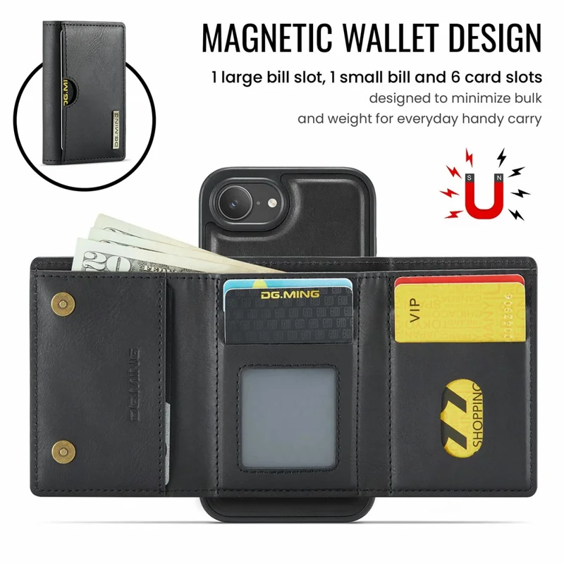 DG.MING M6 Series For iPhone 16e Case Magnetic Wallet PU + PC + TPU Phone Cover - Black
