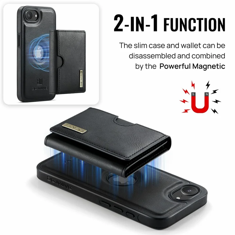 DG.MING M6 Series For iPhone 16e Case Magnetic Wallet PU + PC + TPU Phone Cover - Black