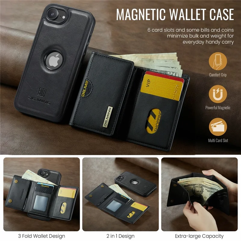 DG.MING M6 Series For iPhone 16e Case Magnetic Wallet PU + PC + TPU Phone Cover - Black
