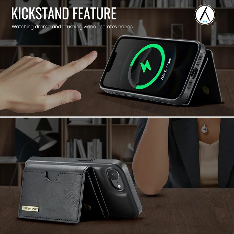 DG.MING M6 Series For iPhone 16e Case Magnetic Wallet PU + PC + TPU Phone Cover - Black