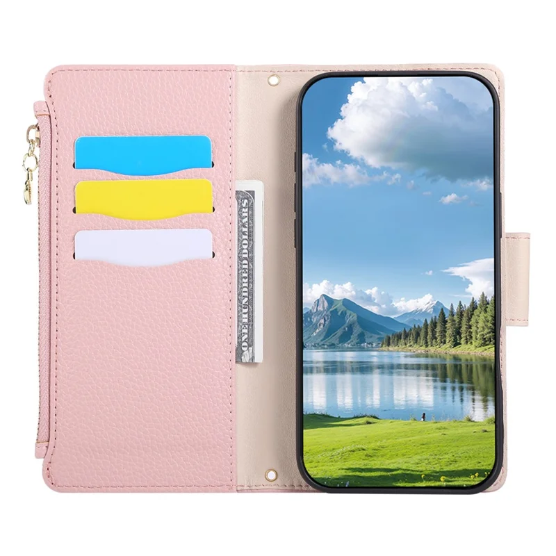 For iPhone 16 Pro Max Case Zipper Wallet Leather Phone Cover with Wrist Strap - Pink