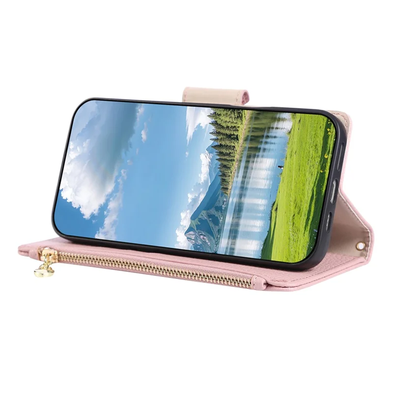For iPhone 16 Pro Max Case Zipper Wallet Leather Phone Cover with Wrist Strap - Pink