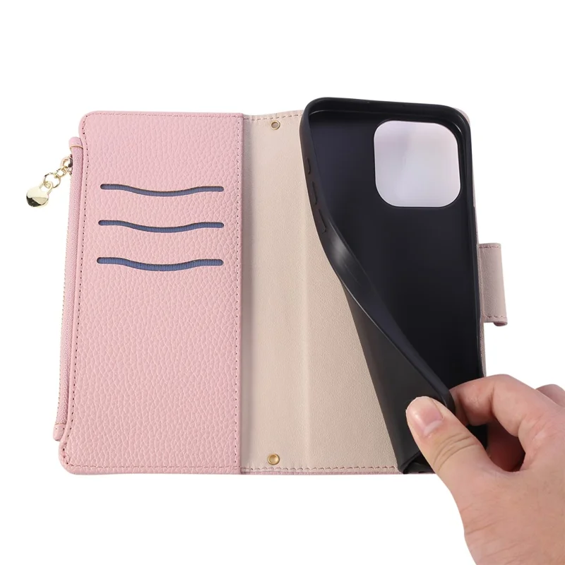 For iPhone 16 Pro Max Case Zipper Wallet Leather Phone Cover with Wrist Strap - Pink