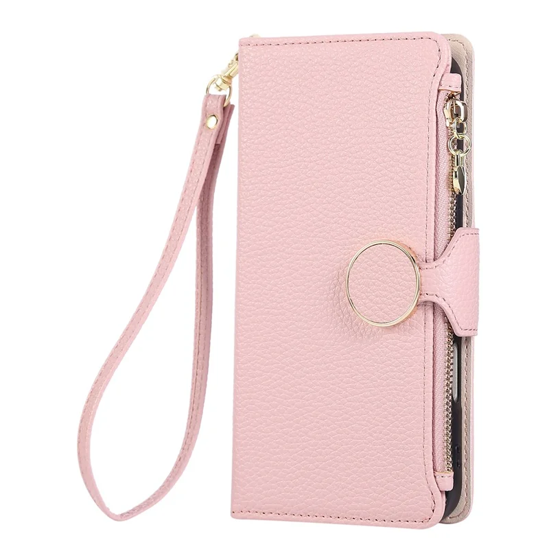 For iPhone 16 Pro Max Case Zipper Wallet Leather Phone Cover with Wrist Strap - Pink