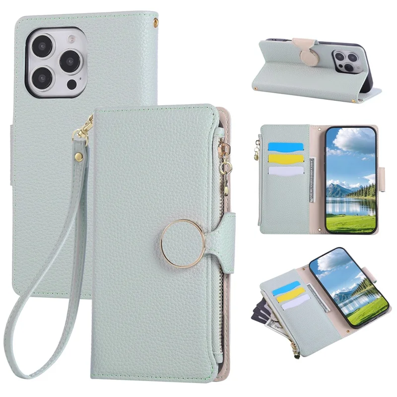 Futera na iPhone 16 Pro Max z portfelem i zamkiem, skórzana obudowa z paskiem na nadgarstek - cyjan