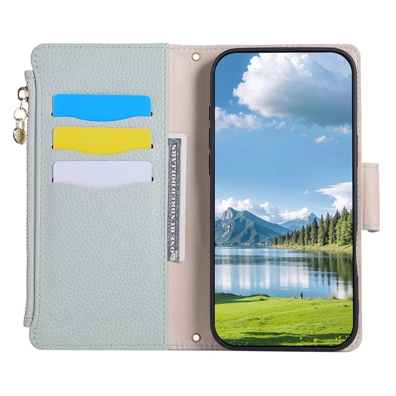 Futera na iPhone 16 Pro Max z portfelem i zamkiem, skórzana obudowa z paskiem na nadgarstek - cyjan