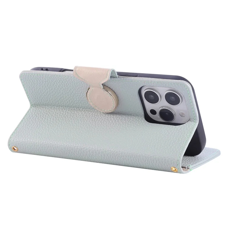 Futera na iPhone 16 Pro Max z portfelem i zamkiem, skórzana obudowa z paskiem na nadgarstek - cyjan