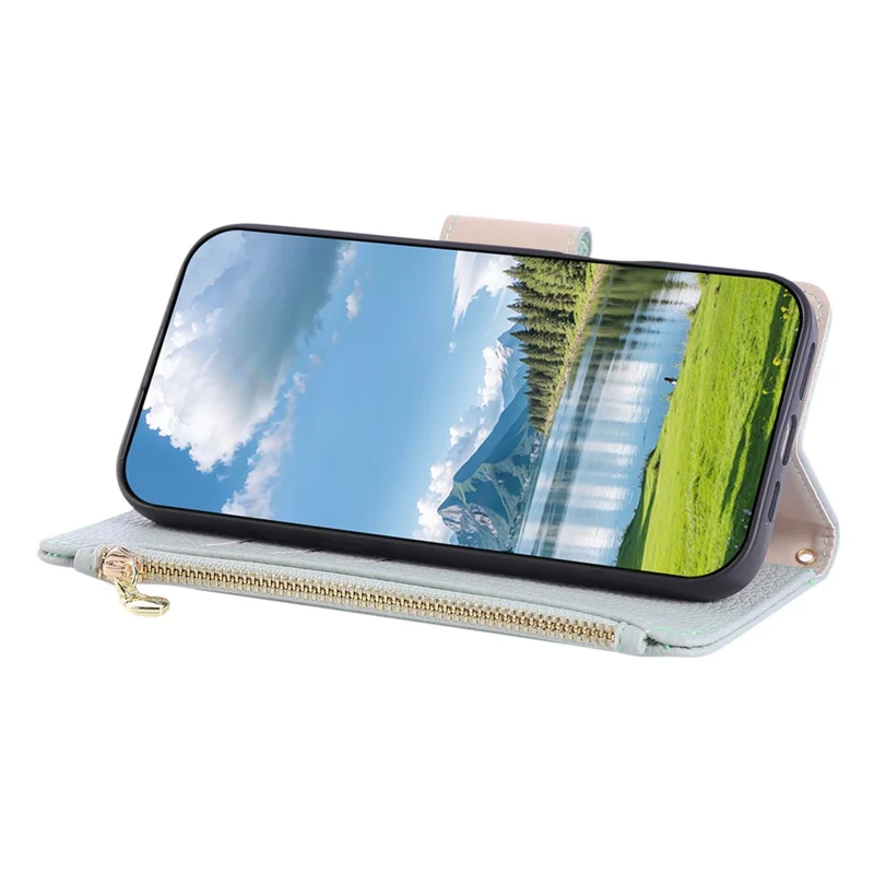 Futera na iPhone 16 Pro Max z portfelem i zamkiem, skórzana obudowa z paskiem na nadgarstek - cyjan