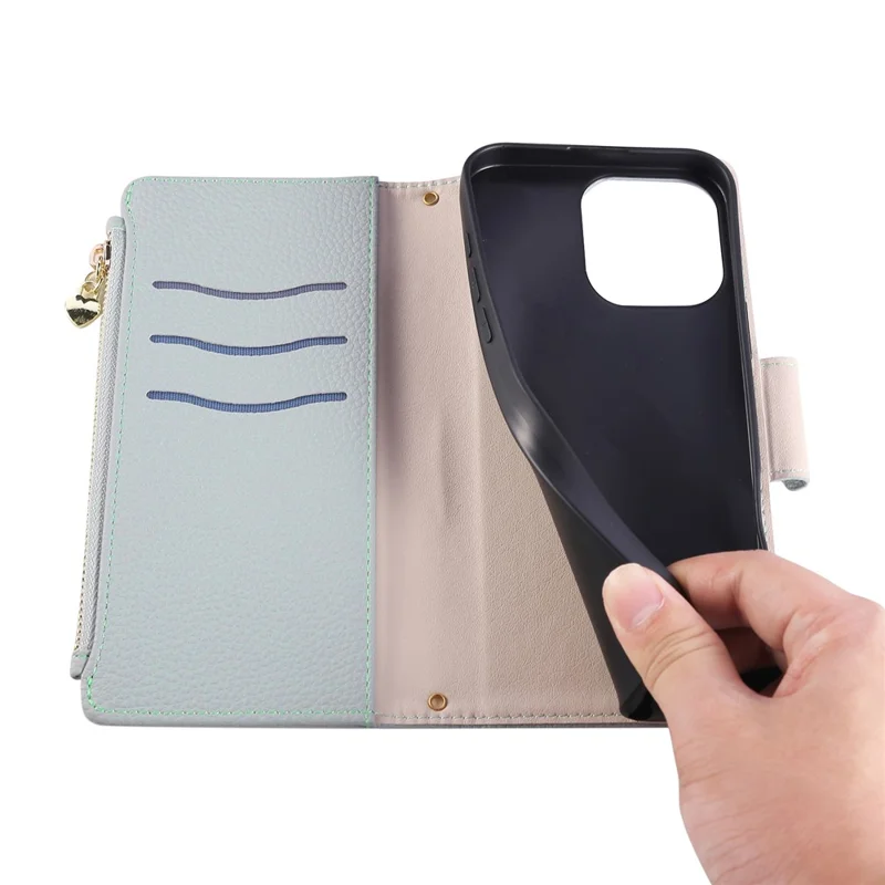 Futera na iPhone 16 Pro Max z portfelem i zamkiem, skórzana obudowa z paskiem na nadgarstek - cyjan