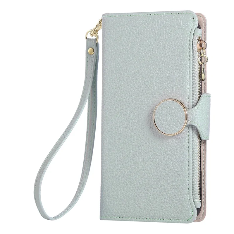 Futera na iPhone 16 Pro Max z portfelem i zamkiem, skórzana obudowa z paskiem na nadgarstek - cyjan