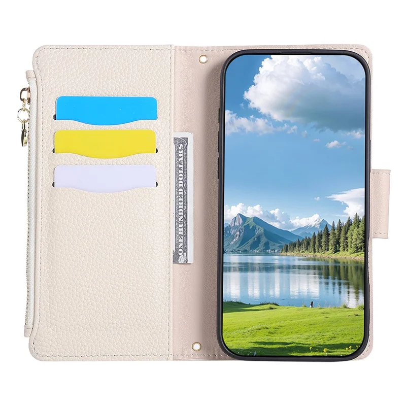 For iPhone 16 Pro Max Case Zipper Wallet Leather Phone Cover with Wrist Strap - Beige