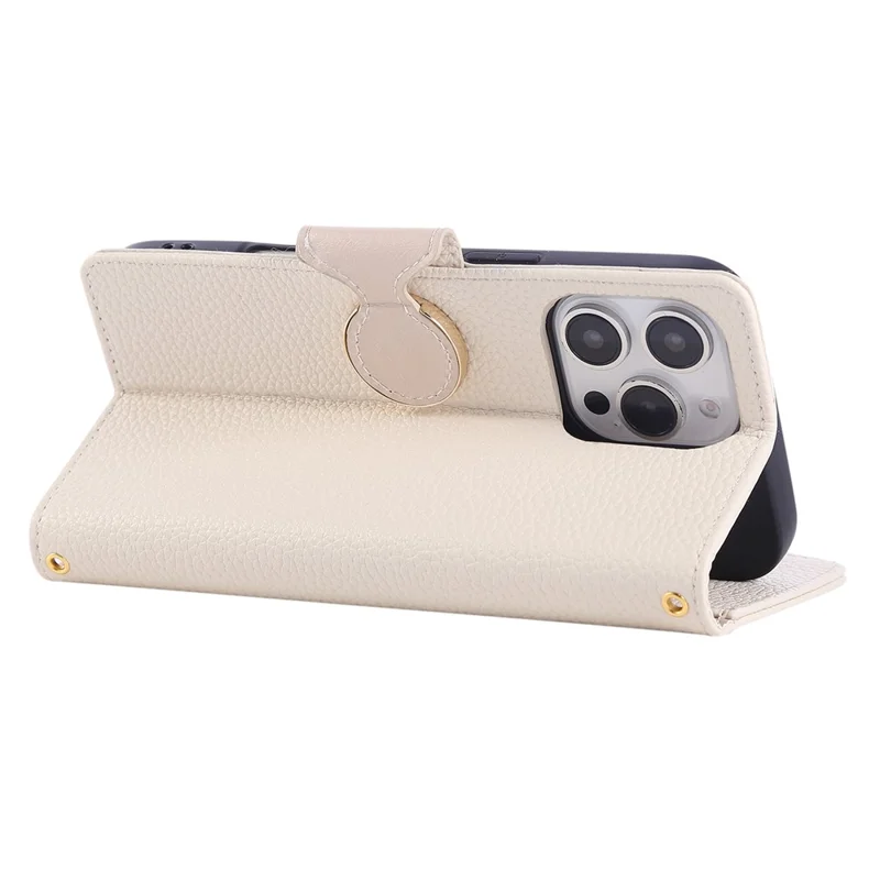 For iPhone 16 Pro Max Case Zipper Wallet Leather Phone Cover with Wrist Strap - Beige