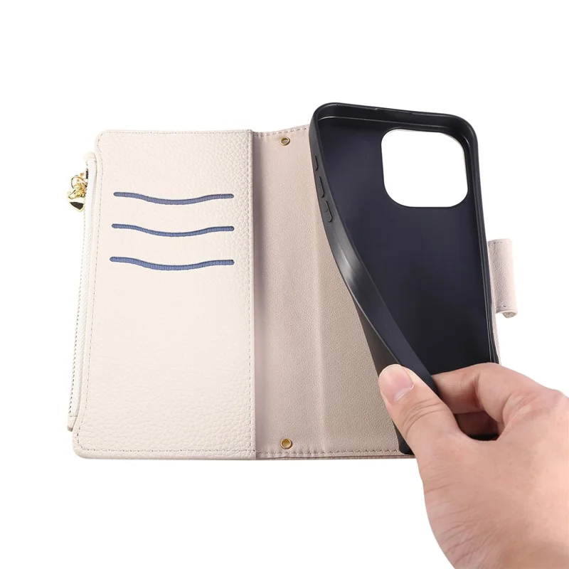 For iPhone 16 Pro Max Case Zipper Wallet Leather Phone Cover with Wrist Strap - Beige