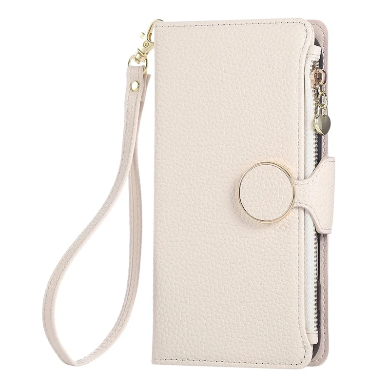For iPhone 16 Pro Max Case Zipper Wallet Leather Phone Cover with Wrist Strap - Beige